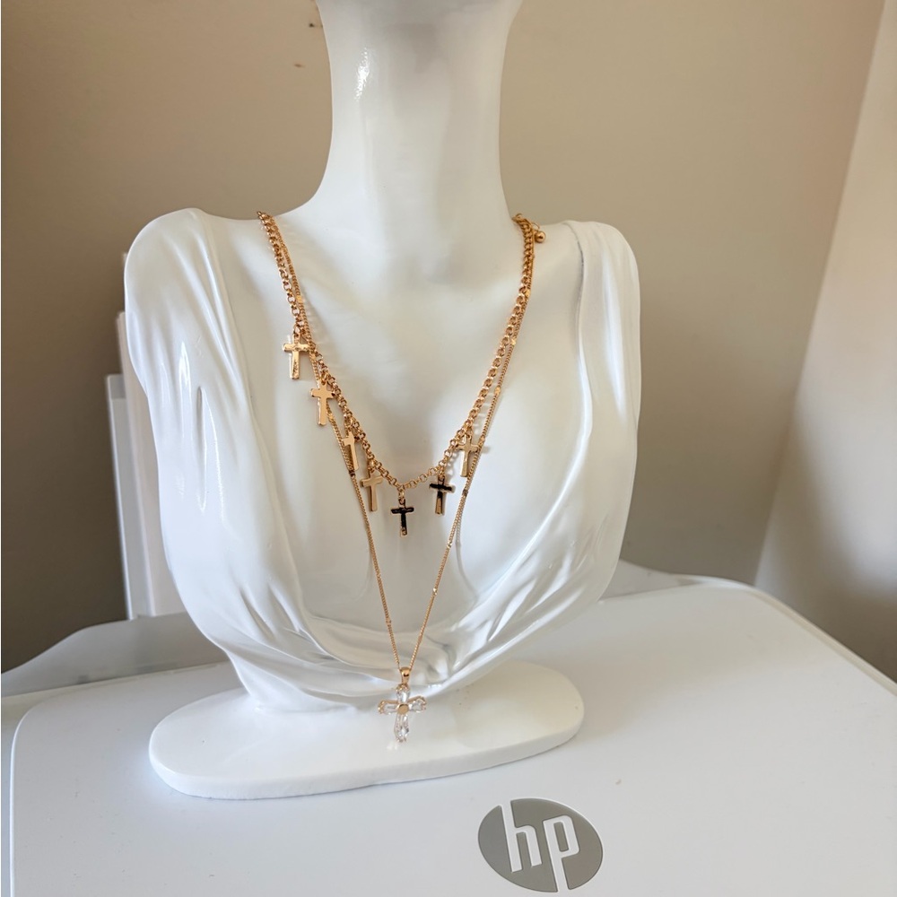 Gold Cross Layered cubic zirconia -Necklace - Women Jewelry